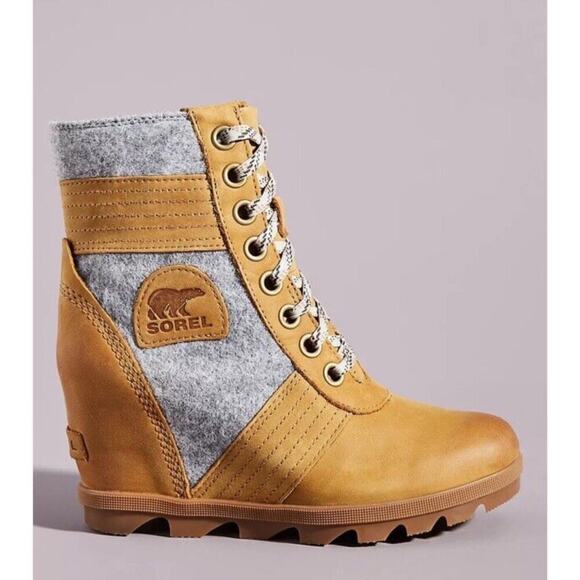 Sorel Shoes - Sorel Womens 6.5 Lexie Wedge Boots Felt Leather Camel Gray Lace Up